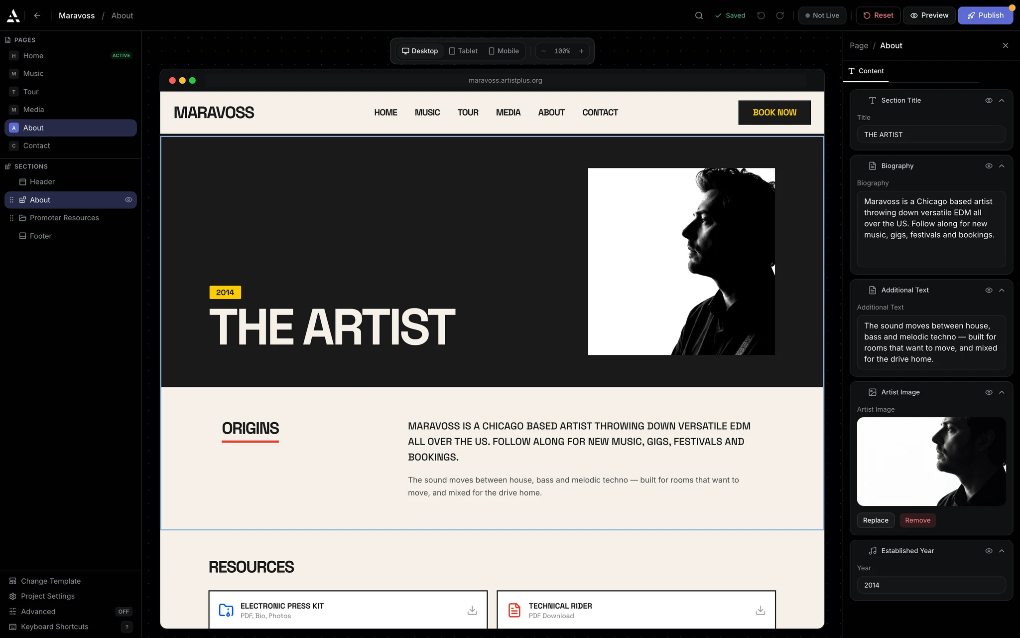The website editor on an About page: six site pages listed on the left, the page live on the canvas, and its biography open in the edit panel.