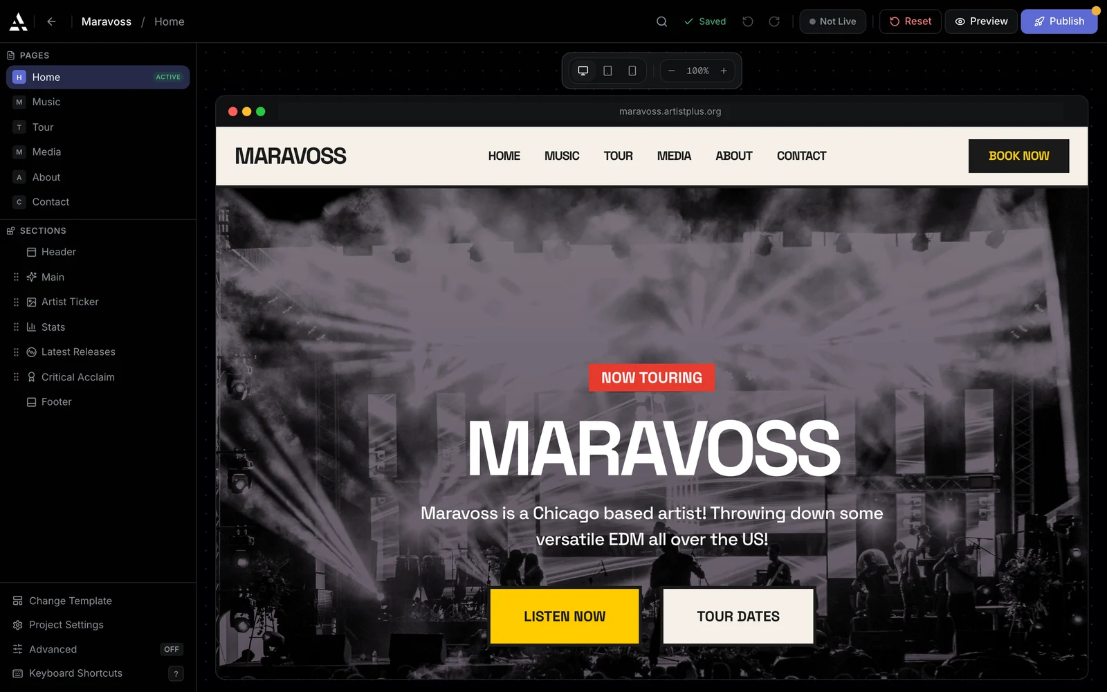 The Artistplus website editor: site pages and sections listed on the left, the artist's home page live on the canvas, and a Publish button.