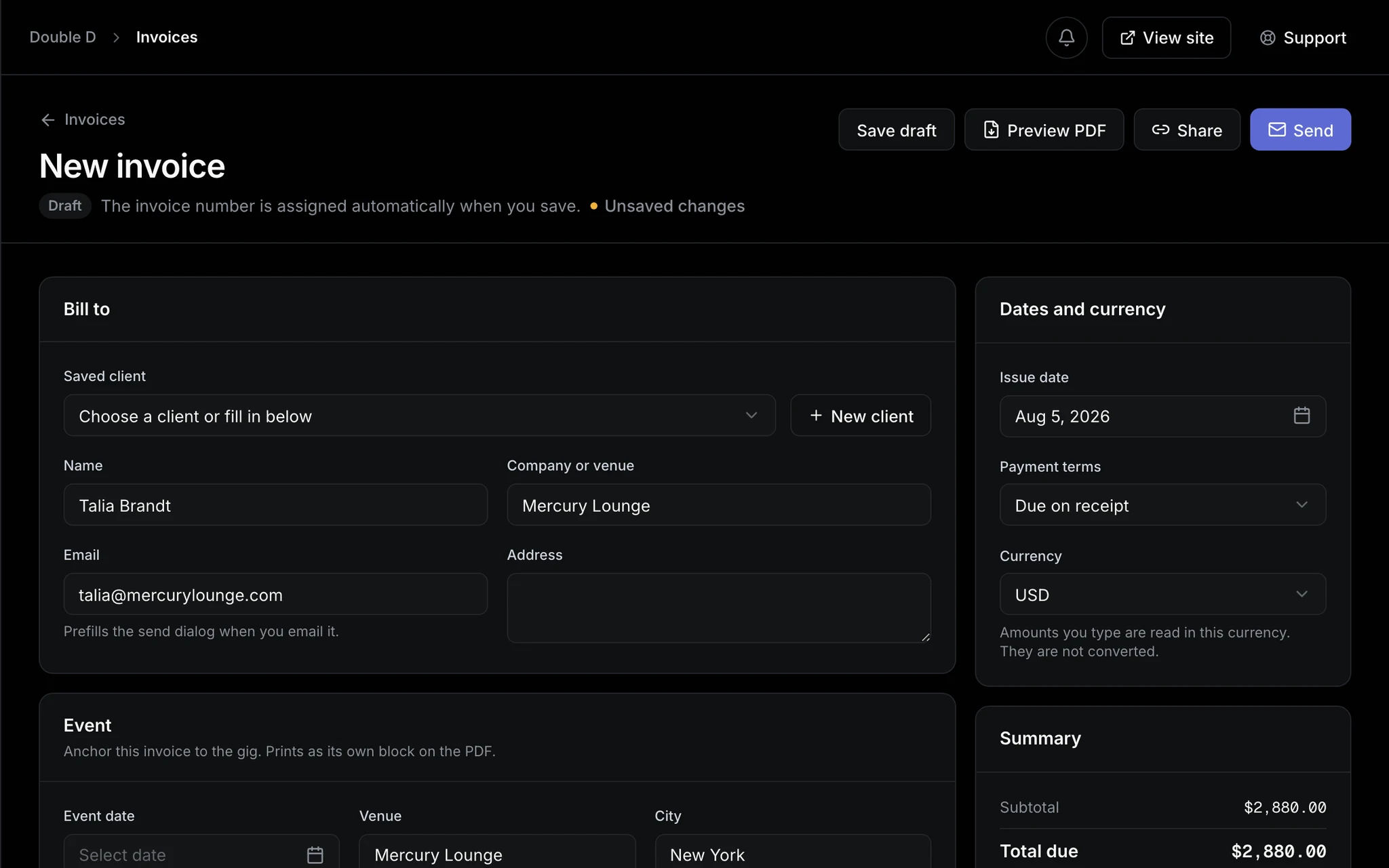 The new-invoice editor: a bill-to block filled from a saved client, an event block with venue and set times, and a live summary totalling $2,880.00.