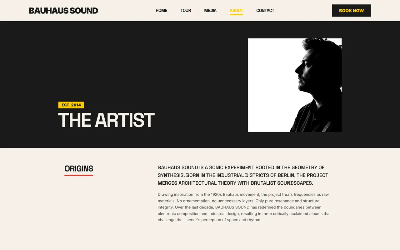An about page pairing an artist portrait with a long-form biography.