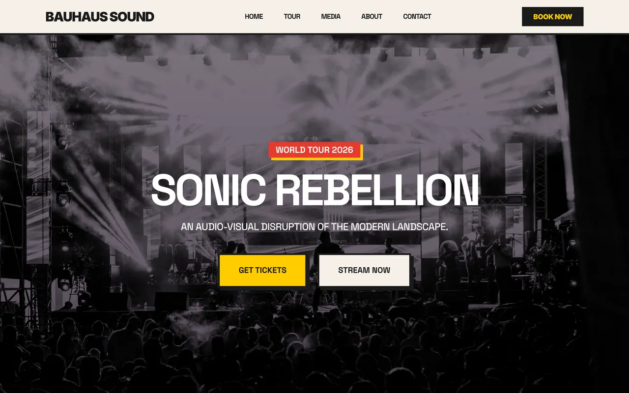 The Bauhaus template homepage: a high-contrast live photo with a world tour badge and ticket buttons.