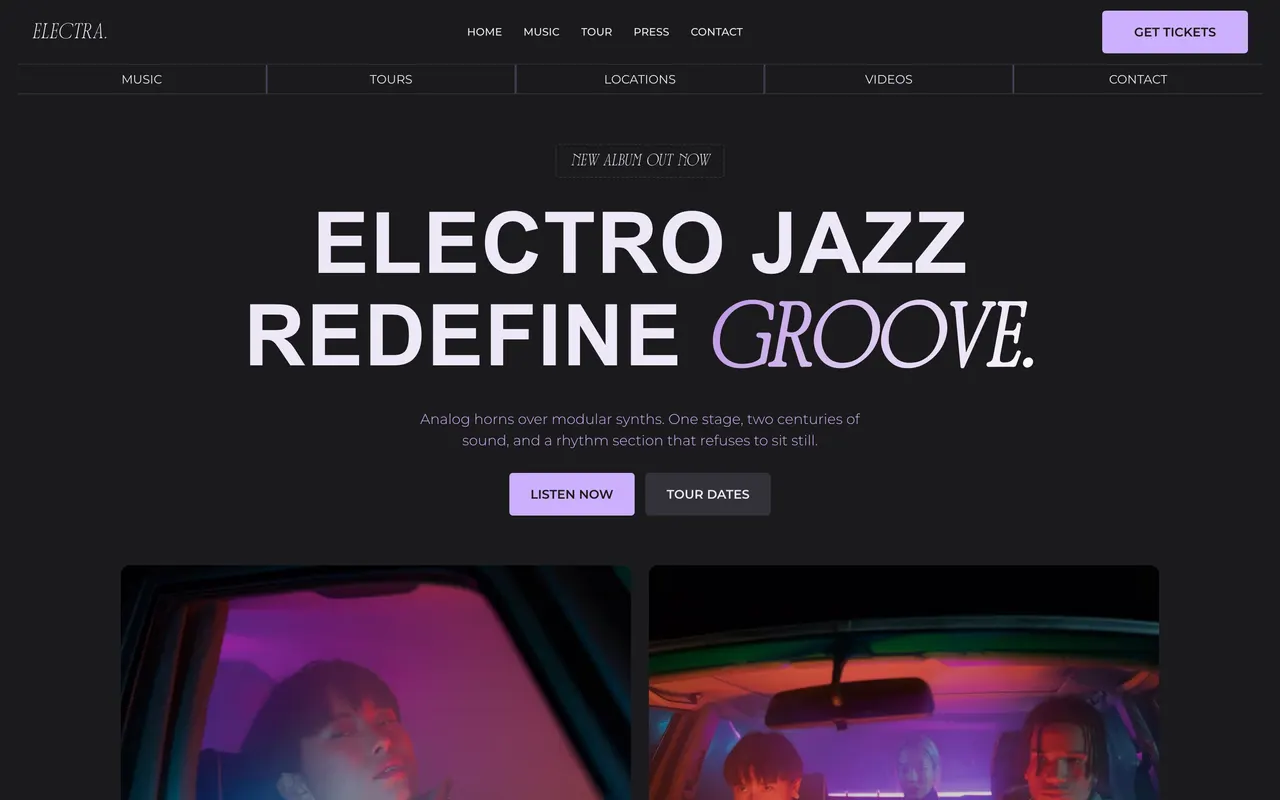 The Electro Jazz template homepage: a dark hero with giant uppercase type and a gradient italic accent word.