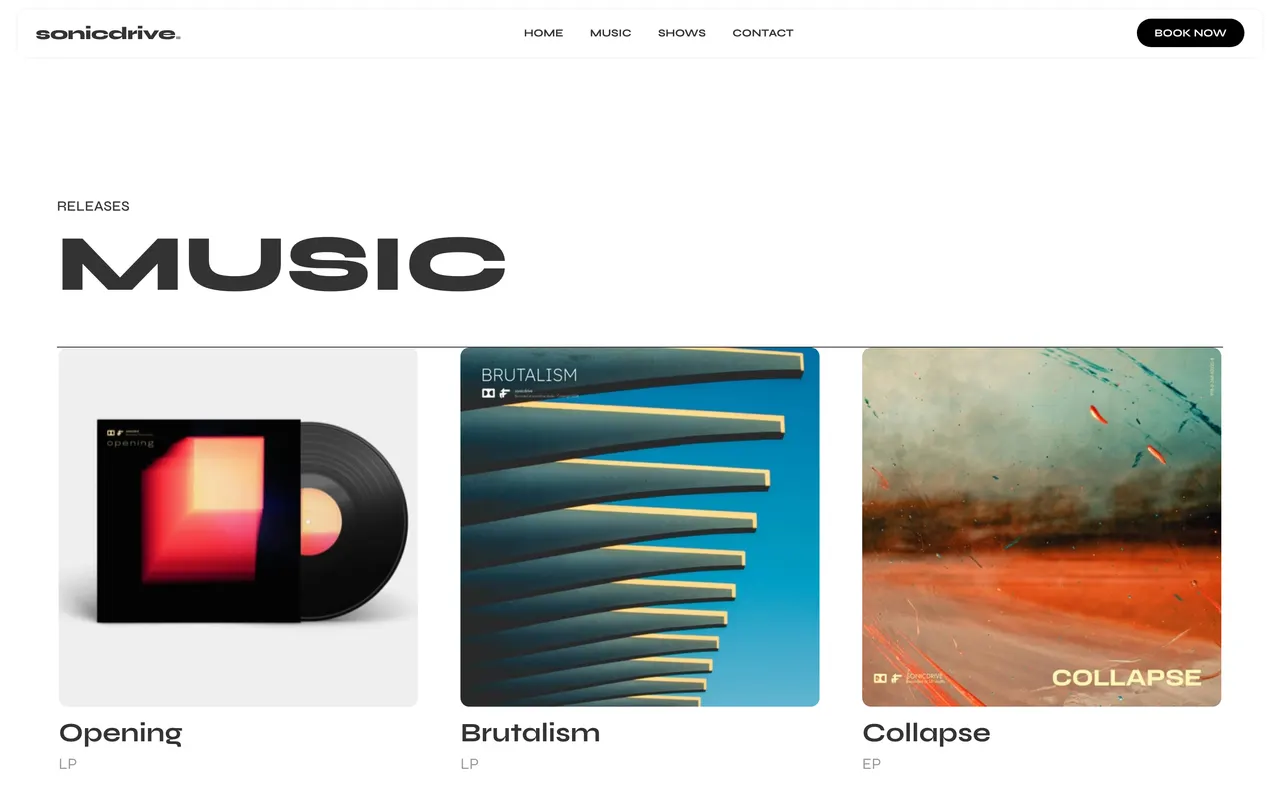 A discography page with a grid of square album covers and bold release titles.