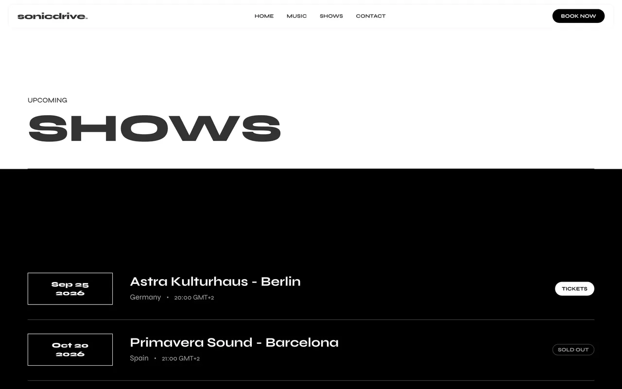 A shows page listing tour dates in bordered date boxes beside venue names on a black background.